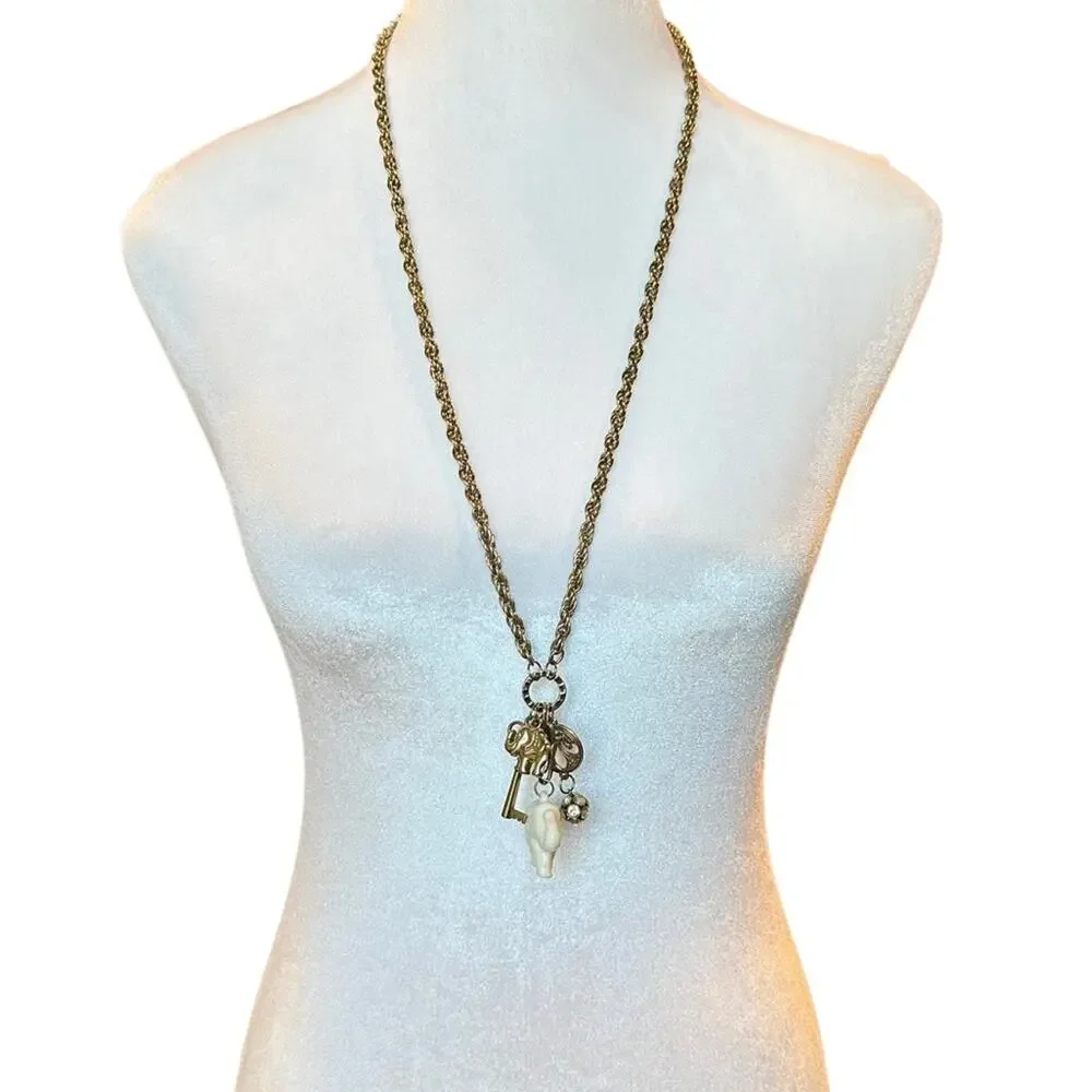 Elephant Key Fleur de Lis Rhinestone Gold Tone Alloy Statement Necklace